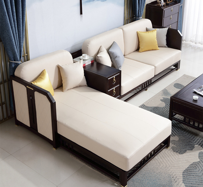 中式 | 坐右/坐左转角沙发 新中式 橡胶木+超纤皮/棉麻